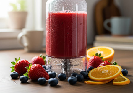 A close up shot of a portable blender filled with a thick red fruit smoothie, sitting on a wooden counter next to fresh strawberries, blueberries, and sliced oranges. this represents healthy eating and quick nutrition.の素材
