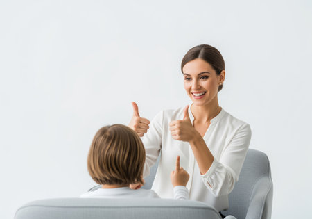 A cheerful professional woman gives enthusiastic double thumbs up to a young child, symbolizing approval, success, and positive reinforcement during a therapy or learning session. this image conveys encouragement and achievement.の素材