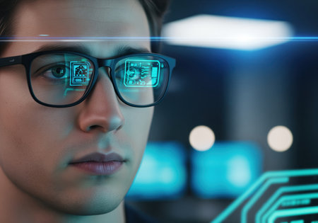 Close up portrait of a young man wearing futuristic smart glasses reflecting blue holographic data interfaces, representing concepts like augmented reality, AI, and future technology.の素材