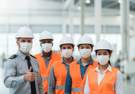 A diverse team of five factory or warehouse workers wearing safety vests, hard hats, and protective face masks stands together, emphasizing workplace safety and health protocols.の素材