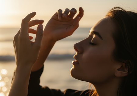 A serene profile portrait of a young woman with closed eyes, raising her hands to embrace the warm golden hour sunlight. captures feelings of spirituality, peace, and connection with nature.の素材
