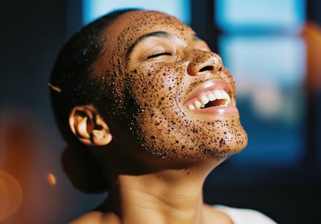 Close up of a happy african american woman with her eyes closed, laughing while applying a natural coffee exfoliating scrub to her face, highlighting skincare and wellness.の素材