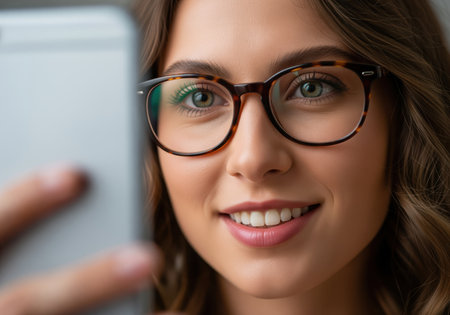 A beautiful young woman wearing fashionable eyeglasses smiles genuinely while looking at her smartphone, possibly capturing a selfie or video call moment. this close up highlights her attractive features and modern style.の素材