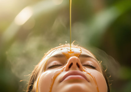 A close up shot captures a woman enjoying a traditional ayurvedic shirodhara treatment. warm, golden oil streams onto her third eye, promoting deep relaxation and holistic wellness in a natural setting.の素材