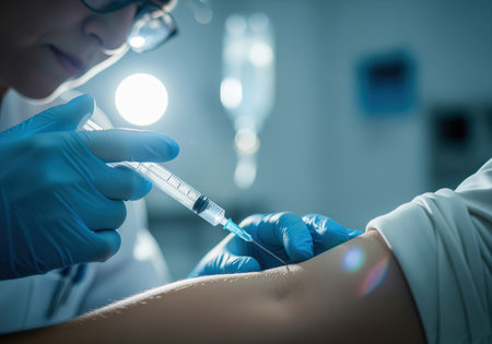 Close up shot of a medical worker wearing blue gloves and glasses giving an injection with a syringe to a patient arm. this dramatic scene highlights vaccination and healthcare procedures.の素材