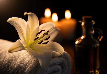 A luxurious spa still life featuring a white lily on a soft rolled towel, illuminated by warm candlelight and accompanied by an essential oil bottle. perfect for promoting relaxation and wellness services.の素材