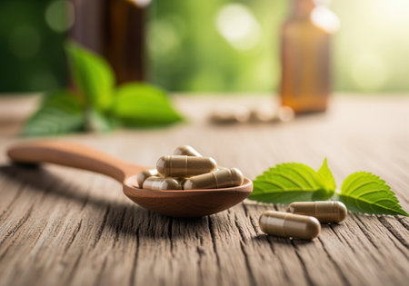 Close up of natural herbal supplement capsules resting in a rustic wooden spoon on a weathered table, surrounded by fresh green leaves. ideal for health and wellness concepts.の素材