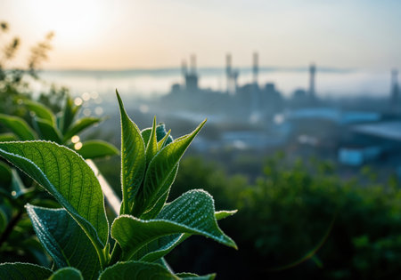 Close up of fresh green plant leaves glistening with morning dew or frost, sharply contrasting with a blurred, misty industrial factory complex visible in the soft light of dawn.の素材
