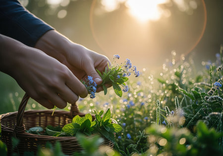 Close up shot of hands gently gathering small blue wildflowers and fresh green herbs into a woven basket during a beautiful golden sunrise. this tranquil scene evokes themes of nature, gardening, and organic harvesting.の素材