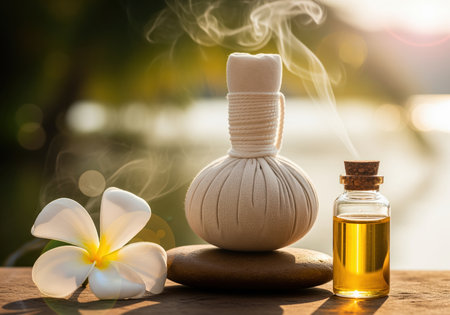 A traditional thai herbal compress ball steams gently next to a bottle of golden essential oil, smooth stones, and a plumeria flower, creating a serene wellness and aromatherapy scene. this setup symbolizes relaxation, natural healing, and luxurious spa therapy.の素材