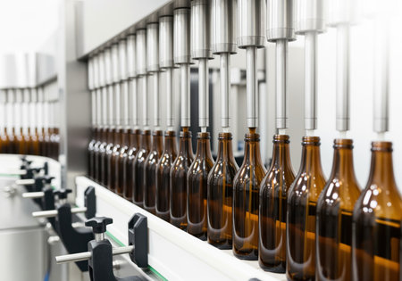 Close up view of a modern automated bottling machine in a beverage factory, showing multiple stainless steel nozzles filling amber glass bottles moving along a conveyor belt. this highlights industrial efficiency and mass production processes.の素材
