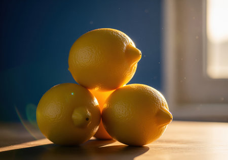A close up, cinematic shot of three bright yellow lemons stacked pyramid style on a wooden surface. warm sunlight creates dramatic backlighting, emphasizing the fresh citrus fruit.の素材