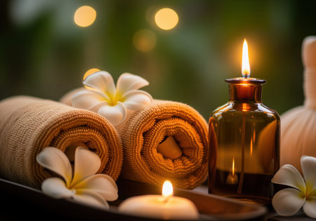 A serene close up of spa elements including rolled brown towels, fragrant frangipani flowers, and a glowing oil lamp, creating a peaceful atmosphere for massage and wellness.の素材