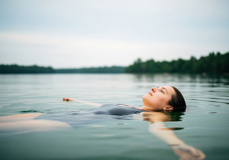A serene young woman floats effortlessly on her back in the calm, clear water of a natural lake, symbolizing peace, relaxation, and connection with nature. this image is ideal for themes of wellness and tranquility.の素材