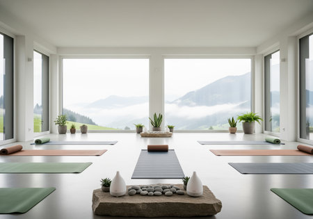 A serene and minimalist yoga studio featuring multiple mats laid out for practice, centered around a stone display with diffusers and plants. large windows offer a breathtaking view of foggy alpine valleys, creating a peaceful wellness retreat atmosphere.の素材