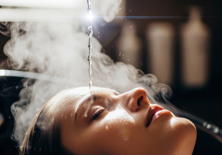 A captivating close up captures a woman with closed eyes receiving a relaxing hair treatment in a salon. a stream of water hits her forehead, surrounded by soothing steam, emphasizing wellness and luxury.の素材