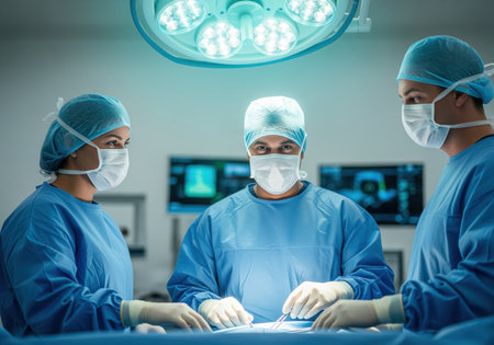A team of three professional surgeons wearing sterile blue gowns and masks performing a critical operation under bright surgical lamps. this represents advanced medical care and teamwork.の素材