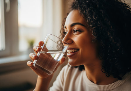 A beautiful young african american woman with curly hair smiles happily while taking a sip of water from a clear glass indoors. this image conveys hydration, wellness, and healthy living.の素材