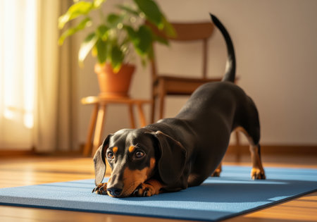 A charming black and tan dachshund performs a deep stretch, similar to a yoga pose, on a blue mat inside a sunlit room. this heartwarming scene captures the dog playful energy and flexibility.の素材