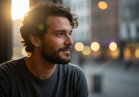 A handsome young man with a beard and curly hair looks thoughtfully out a window, illuminated by warm golden hour sunlight creating a cinematic and reflective portrait. this image conveys charm, contemplation, and urban lifestyle.の素材