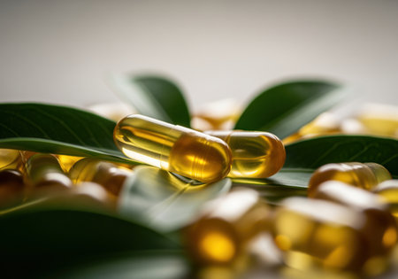 Close up of glossy, golden softgel capsules scattered among deep green leaves, suggesting natural dietary supplements like omega 3 or fish oil for holistic health and nutrition.の素材