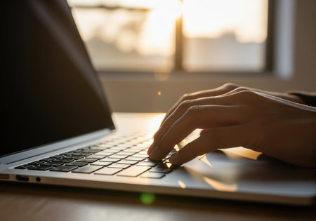 Close up view of a person hands typing quickly on a modern laptop keyboard, illuminated by dramatic golden hour sunlight streaming through a window, suggesting remote work or creative writing.の素材