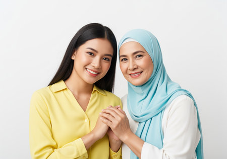 Portrait of a happy asian mother wearing a blue hijab and her adult daughter holding hands and smiling warmly. this image represents family bonds, cultural diversity, and loving support.の素材
