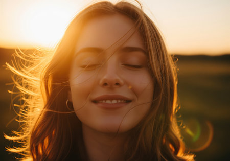 A captivating close up portrait of a young woman with her eyes closed, smiling peacefully while her hair is beautifully backlit by the warm, golden light of the setting sun. this evokes feelings of happiness, freedom, and tranquility.の素材