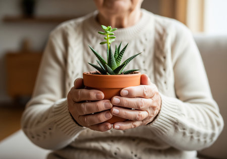 Close up shot of a senior person wrinkled hands gently cradling a terracotta pot containing a healthy succulent plant, symbolizing care, growth, and nurturing. this image conveys themes of aging, gardening, and connection to nature.の素材
