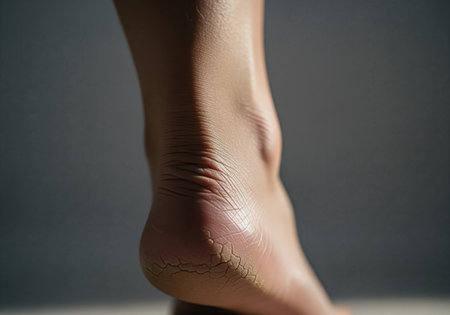 A detailed close up shot of a person heel displaying severely dry, cracked skin and deep fissures, illustrating a common dermatological condition requiring moisturizing treatment and care.の素材
