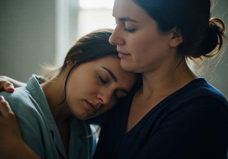 A cinematic medium close up shot captures two women locked in a supportive embrace, illustrating deep empathy, care, and comfort during a moment of sadness or distress. this image is ideal for themes of mental health and relationships.の素材
