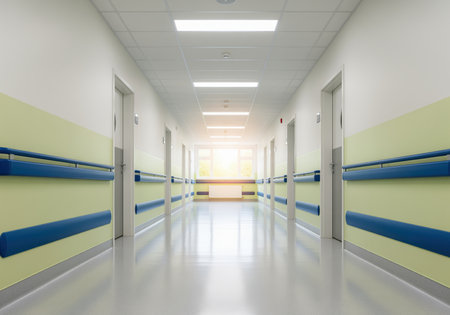 A long, brightly lit, and clean hospital corridor featuring protective blue handrails and multiple patient room doors. the hallway leads toward a sunny window, symbolizing hope and modern healthcare facilities.の素材