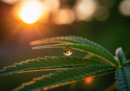 A beautiful macro photograph capturing a water droplet hanging from the edge of a vibrant green cannabis leaf, reflecting the warm, golden light of the setting sun. ideal for wellness or natural product themes.の素材