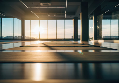 Empty modern yoga studio interior featuring a row of exercise mats aligned on a polished wooden floor, illuminated by dramatic golden sunlight streaming through panoramic windows. ideal for wellness, fitness, and meditation concepts.の素材