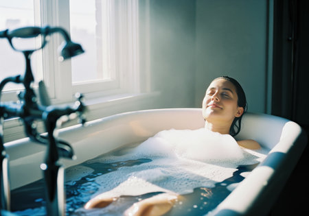 A beautiful young woman is seen relaxing in a warm bubble bath, enjoying a moment of self care and tranquility. the scene is illuminated by bright natural light streaming through a window, creating a serene atmosphere.の素材