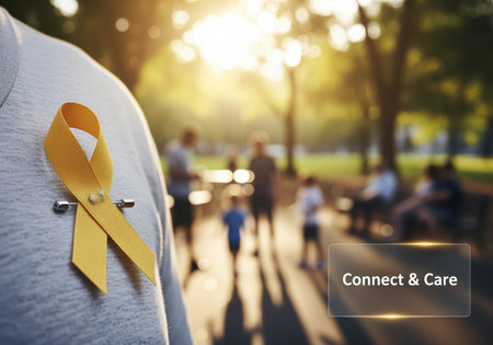 A yellow awareness ribbon is pinned to a person shirt, symbolizing hope, support, and solidarity for various causes like suicide prevention or military support. the scene conveys community care and connection in a warm, sunny outdoor environment.の素材