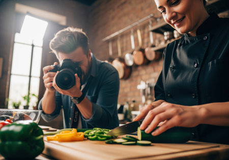 A professional photographer captures a smiling female chef chopping fresh green and yellow vegetables on a wooden board during a food content creation session in a stylish kitchen.の素材