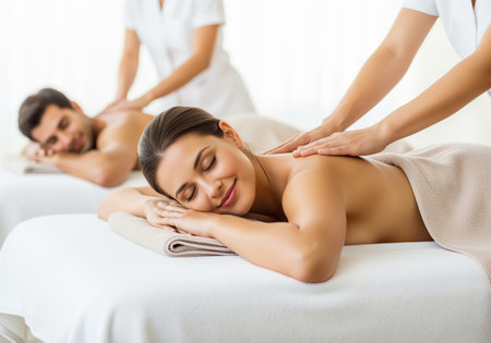 A beautiful couple enjoys a relaxing simultaneous back massage treatment provided by professional therapists in a bright, tranquil spa setting. this image conveys wellness, luxury, and romantic relaxation.の素材
