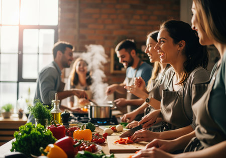 A joyful group of friends or students participates in a cooking class, laughing while chopping fresh vegetables and preparing a meal in a modern, sunlit kitchen. this image conveys collaboration and healthy eating.の素材
