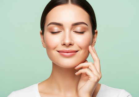 Attractive young woman with flawless glowing skin gently touches her cheek while smiling with closed eyes, representing relaxation, beauty, and effective skincare routines. ideal for cosmetic and wellness advertising.の素材