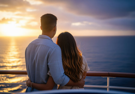 A young couple stands embraced on the deck of a cruise ship, watching the dramatic sunset over the vast ocean. this image captures romance, luxury travel, and the beauty of a tropical vacation getaway.の素材