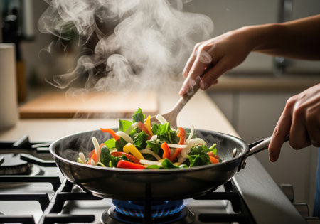 A person is actively stir frying vibrant, fresh vegetables like peppers and onions in a hot pan on a gas stovetop, generating visible steam. this dynamic cooking scene suggests healthy eating and home preparation.の素材