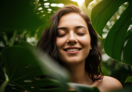 Close up portrait of a serene young woman smiling with her eyes closed, framed by vibrant green tropical leaves and illuminated by soft sunlight, conveying wellness and natural beauty.の素材