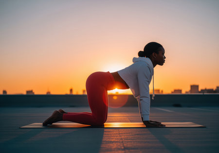 A fit black woman performs the tabletop yoga pose on a mat outdoors during a vibrant golden hour sunset, creating a beautiful silhouette effect against the bright sky.の素材