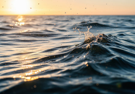 A dramatic, low angle close up shot capturing the movement of dark blue ocean waves and a small splash, illuminated by the warm golden light of a sunset or sunrise. this evokes feelings of tranquility, power, and natural beauty, perfect for travel or nature themes.の素材