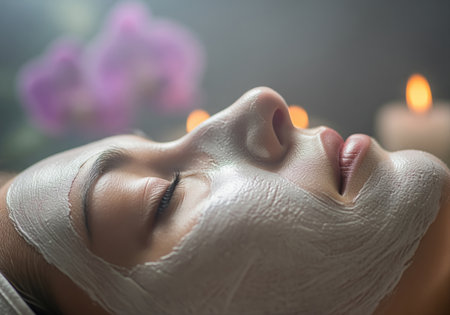 A cinematic close up captures a woman face covered in a white clay mask during a relaxing spa treatment, highlighted by soft, warm lighting and candles. this image evokes tranquility and self care.の素材