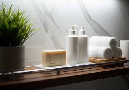 A stylish arrangement of spa and bath amenities including white pump bottles, a bar of soap, and rolled towels resting on a wooden shelf against a marble wall. this setup conveys relaxation and modern hygiene.の素材