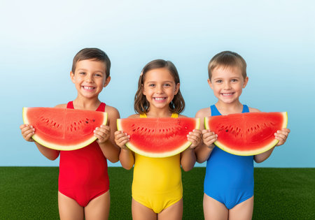 Three cheerful young children wearing red, yellow, and blue swimsuits smile brightly while holding refreshing slices of ripe watermelon, perfect for summer fun and healthy eating concepts.の素材