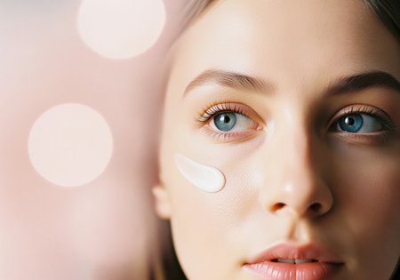 A close up portrait of a beautiful young woman with blue eyes and flawless skin, featuring a dab of white moisturizing cream applied to her cheek, symbolizing a daily skincare and beauty routine.の素材