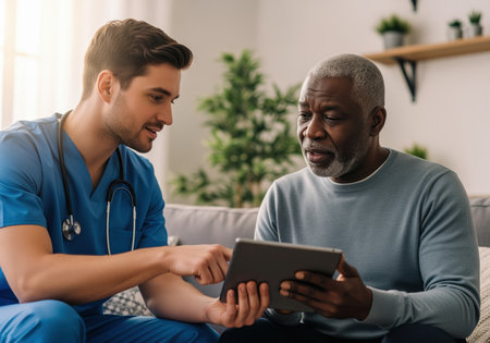A caring young male nurse in blue scrubs uses a digital tablet to discuss health data with an elderly african american patient during a personalized home healthcare visit, emphasizing modern medical technology.の素材